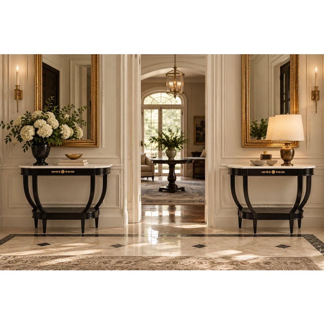Maison Jansen Style, Louis XVI Console Tables, Ebonized Wood, Bronze, Marble, France, 1940s An elegant pair of fully...