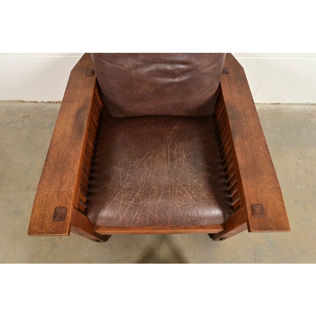 Stickley Mission Oak Arts & Crafts Reclining Morris Lounge Chair With Ottoman For Sale In South Bend - Image 6 of 14