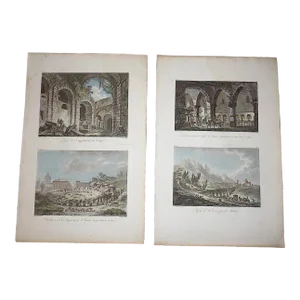 Antique Folio Size Early 1800's Hand Colored Copperplate Engravings of Ruins in Sicily - a Pair