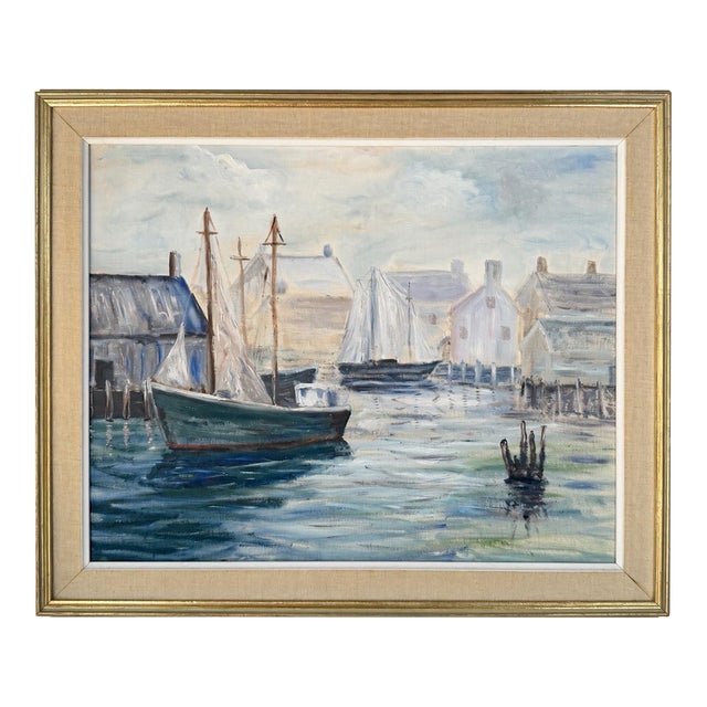 Original Mid Century Harbor Scene Oil Painting in Original Gilt Wood Frame For Sale