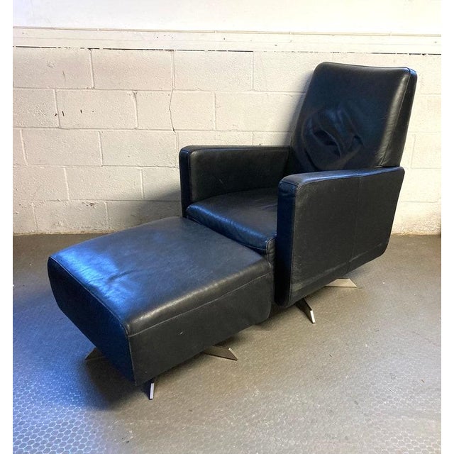 Animal Skin Vintage Mid Century Italian Leather Black Lounge Chair With Ottoman For Sale - Image 7 of 10