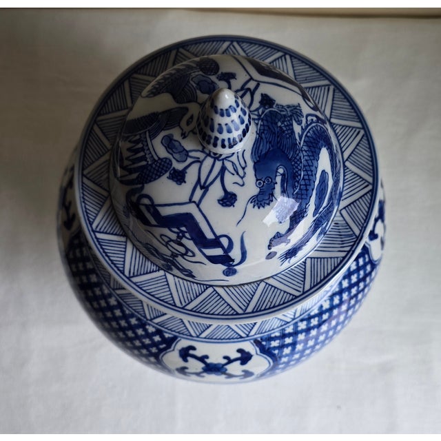 Pair of Early 20th Century Antique Asian Blue & White Temple Jars Phoenix Dragon For Sale - Image 4 of 12