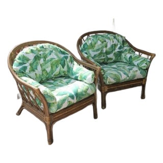 Pair Bamboo Arm Chairs in Tropical Banana Leaves Upholstery For Sale