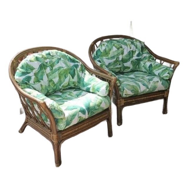 Pair Bamboo Arm Chairs in Tropical Banana Leaves Upholstery For Sale