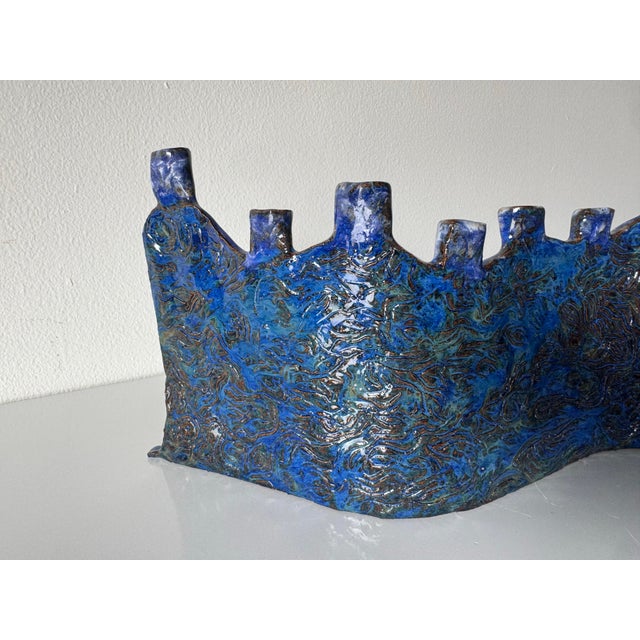 Ceramic 1990’s Vintage Handmade Blue Glazed Studio Pottery Ceramic Sculptural Menorah For Sale - Image 7 of 12