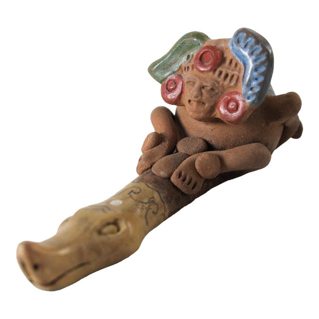 Vintage Hand Painted Mexican Folk Art Clay Pipe Snake For Sale