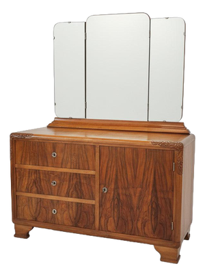 Art Deco Walnut Veneer Chest of Drawers with Folding Mirror