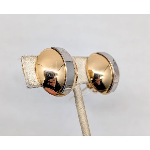 Napier Vintage Signed Napier Goldtone Round Domed Rhodium Plated Stripe Clip Earrings-2 Pieces For Sale - Image 4 of 7