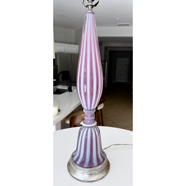 1960s Large Raspberry Lavender Opaline Murano Glass Ribbed Table Lamp by Barovier For Sale - Image 5 of 16
