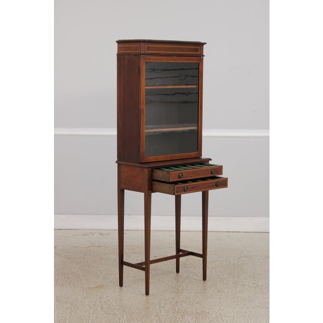 Antique Edwardian 2 Drawer Inlaid Mahogany Curio Cabinet For Sale - Image 4 of 16