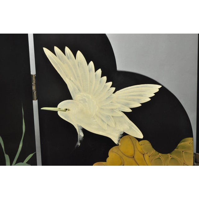Late 20th Century Decorator Chinoiserie Black Lacquer Oriental Painted 4 Panel Room Divider Screen For Sale - Image 5 of 16