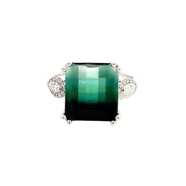 Traditional Natural Tourmaline Diamond Ring Size 7 14k W Gold 8.5 TCW Certified For Sale - Image 3 of 16
