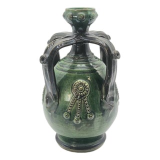 Mid Century Turkish Çanakkale Green Glazed Ceramic Carafe Jug Ewer With Decorative Relief Handles 12” For Sale