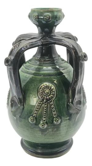 Mid Century Turkish Çanakkale Green Glazed Ceramic Carafe Jug Ewer With Decorative Relief Handles 12”