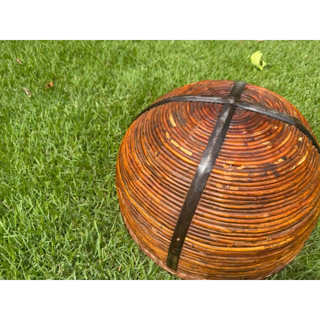 Vintage 17.5” Handmade Primitive Pencil Rattan Basket With Leather Rim For Sale - Image 9 of 12