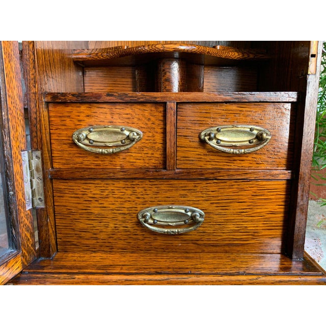Antique English Tiger Oak W Glass Pipe Smoke Cabinet Game Card Box