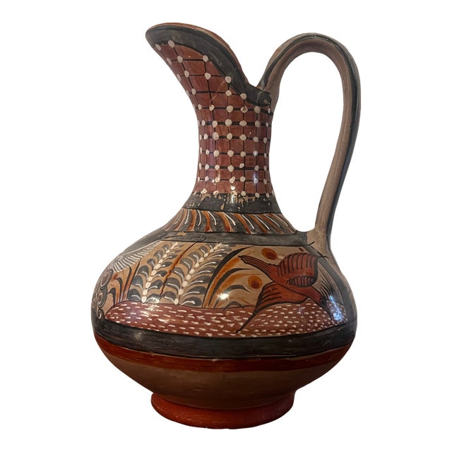 Vintage Tonalá Mexican Pottery Pitcher Vase With Handpainted Floral and Bird Motifs For Sale