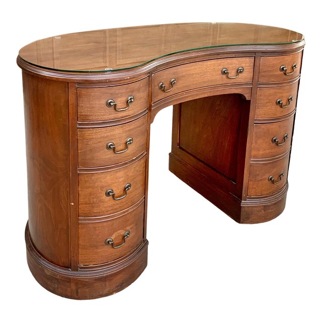 Vintage Kidney Shaped Mahogany Desk With Glass Top | Chairish
