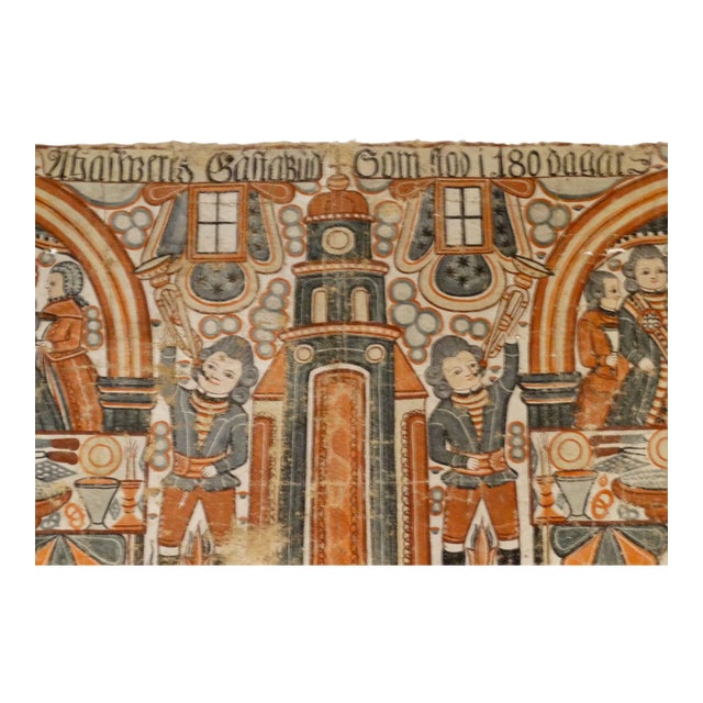 Antique Painted Swedish Folk Art Linen Bonad Depticing Ahasuerus’ Banquet, Book of Esther For Sale