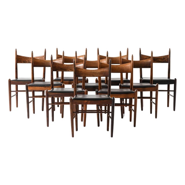 Vintage Dining Chairs in Leather and Rosewood by Illum Wikkelsø, 1950s, Set of 10 For Sale