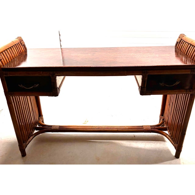 Paul Frankl Styled Stacked Rattan Bamboo Desk. Vintage, Refurbished, Mahogany Desk or Entry Table. For Sale - Image 9 of 9