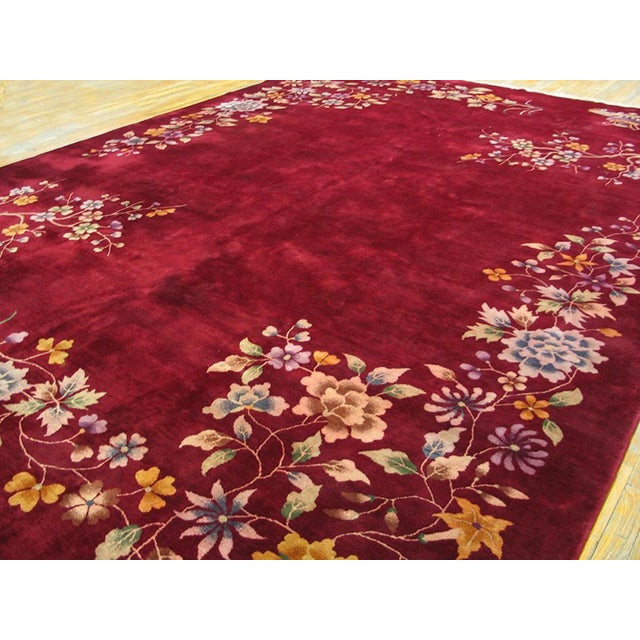 Art Deco 1930s Red Ruby Floral Modern Antique Chinese Art Deco Hand Knotted Wool Rug 10'x 13' 8" Carpet For Sale - Image 3 of 6