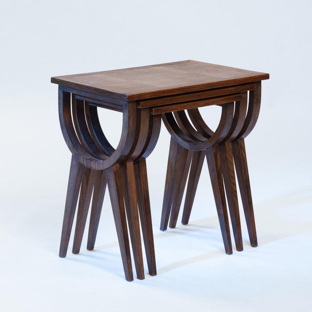 Wood Mid-Century French Oak Parquetry Nesting Tables, 1950s, Set of 3 For Sale - Image 7 of 14