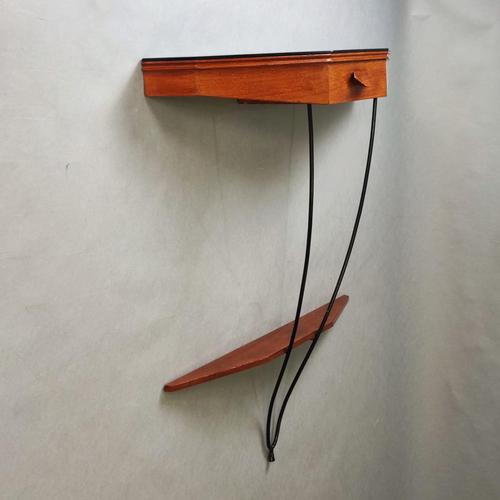 Wall-Mounted Console Table with Drawer in Mahogany and Black Glass, 1960s For Sale - Image 4 of 8