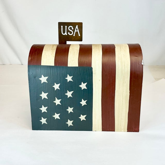 American Mid-Century Americana Boho Chic Arts & Crafts Tole Painted Flag Mail Box Holiday Accent - 4th of July For Sale - Image 3 of 10