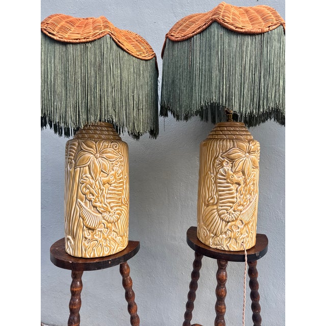 Seahorse Relief Ceramic Lamps — Rewired Pair For Sale In Miami - Image 6 of 15