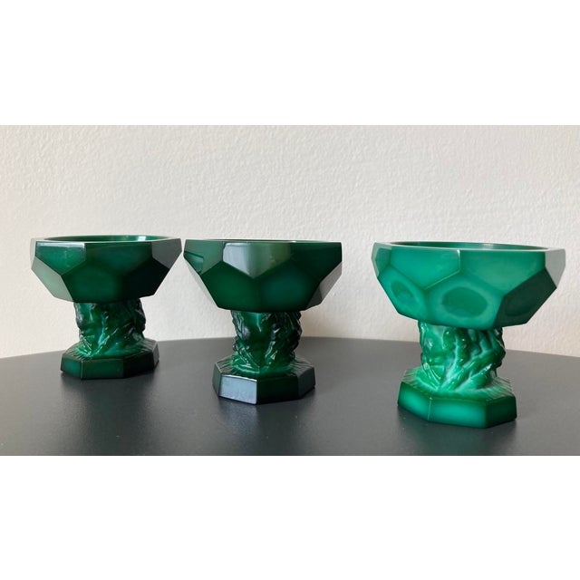 Glass Art Deco Green Malachite Geometric Glass Pedestal Master Salt Cellars or Egg Cup Holders- Set of 6 For Sale - Image 7 of 11