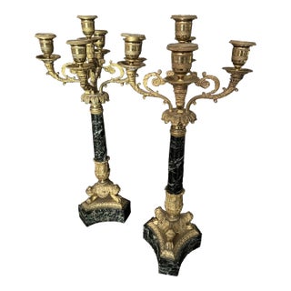 Pair of Charles X Style Brass/Bronze and Green Marble 5-Light Candelabra For Sale