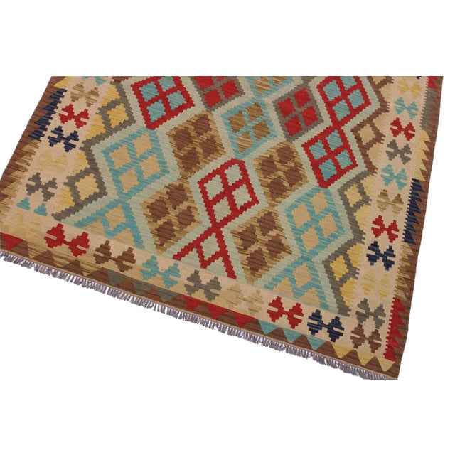 Abstract Abstract Kilim Beige Brown Wool Rug - 5'2" X 6'10" For Sale - Image 3 of 7