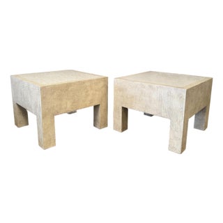 Pair of Vintage Beige Wood & Travertine Side Tables For Sale