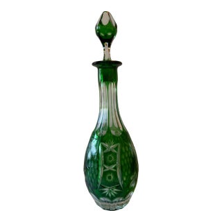 Vintage Nachtmann-Style Emerald Green Cut-to-Clear Crystal Wine Decanter, Grapevine “Traube” Pattern For Sale