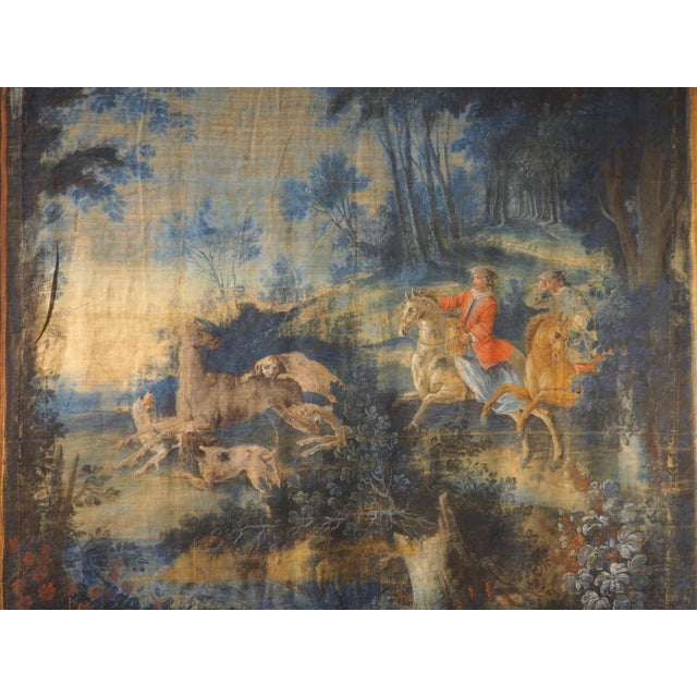 A Large 18th Century French Toile Peinte of a Stag Hunt in the Forest For Sale In Dallas - Image 6 of 17