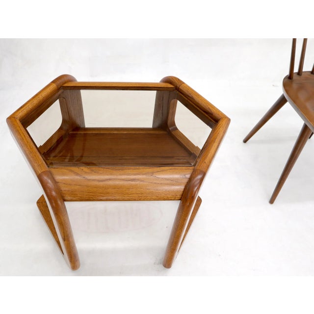 Hexagon Smoked Glass Oak Base Floating Shelf Side End Table For Sale - Image 4 of 10