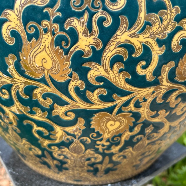 Japanese Antique Very Large Chinoiserie Enameled Porcelain Emerald Green With 24k Gold Koi Fish Planter/Jardiniere For Sale - Image 3 of 12