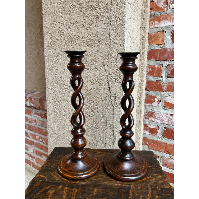 Antique English Oak OPEN Barley Twist Candlesticks Jacobean Pair c1860. Direct from England, a stunning pair of antique...