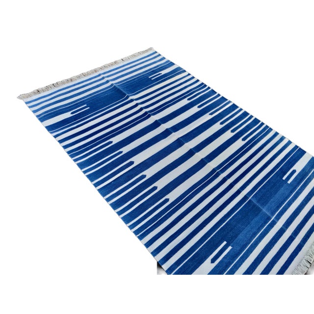 Mid-Century Modern Handmade Cotton Natural Vegetable Dyed Flat Weave Reversible Blue and White Striped Rug - 8'x10' For Sale - Image 3 of 11