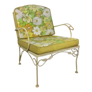 Mid Century Modern Yellow Wrought Iron Outdoor Lounge Chair With Vintage Floral Upholstery