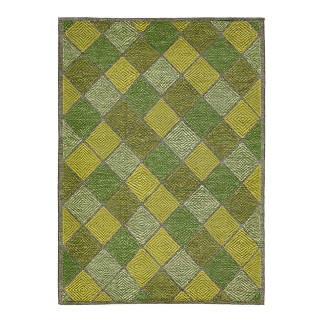 Green Contemporary Swedish Style Wool Rug Handmade With Geometric Pattern For Sale