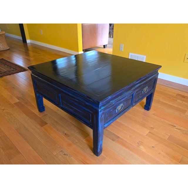 Vintage Chinese Blue Lacquer Coffee Table With Two Drawers For Sale - Image 9 of 9