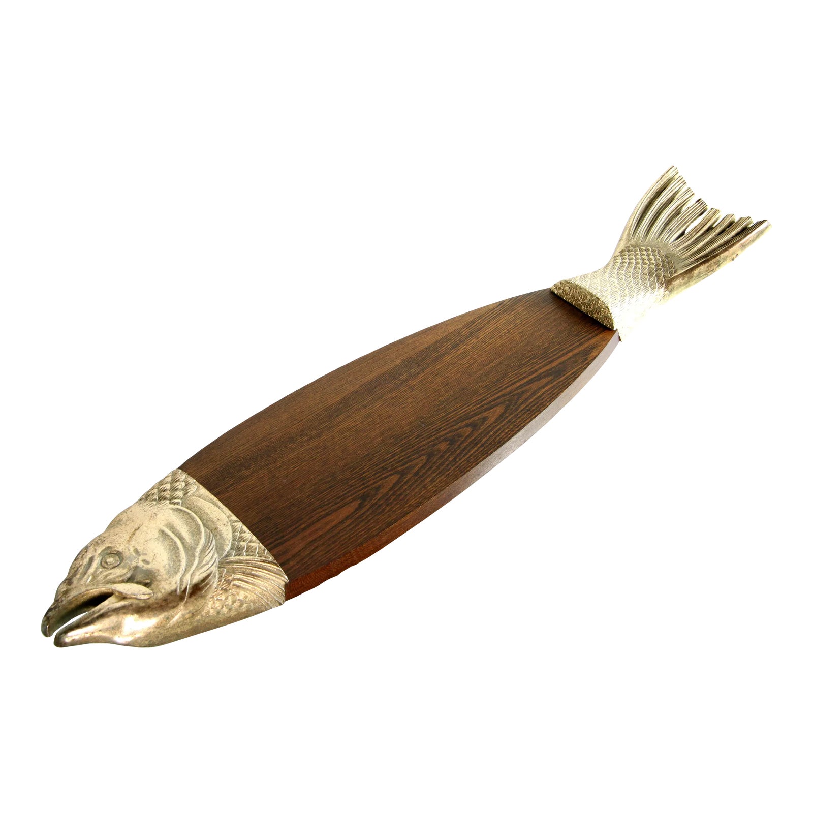 Vintage Gold Metal & Oak Figural Fish Platter / Serving Board