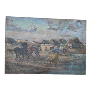 Antique Signed Painting Horses Running From Storm