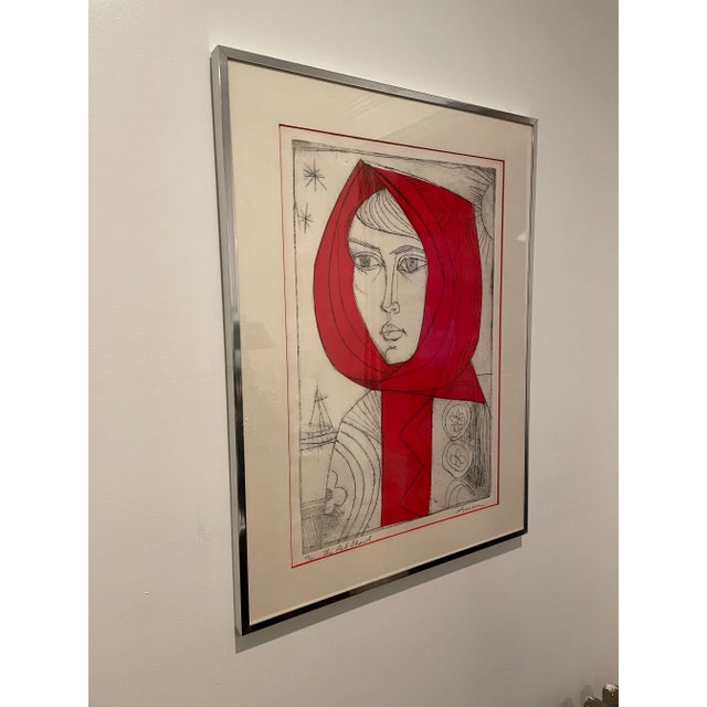 Rare and a stricking Irving Amen Print. The Red Shawl draws you in. Sweet expression with staring eyes.