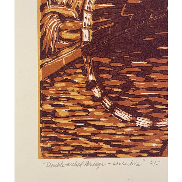 Boho Chic 1999 Stephen Krauss Double Arch Bridge Lancashire England Woodblock For Sale - Image 3 of 4