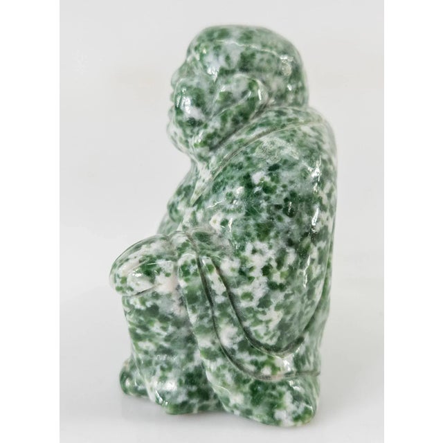 1970s Chinese Carved Mottled Green & White Stone Laughing Buddha Figurine For Sale - Image 5 of 8