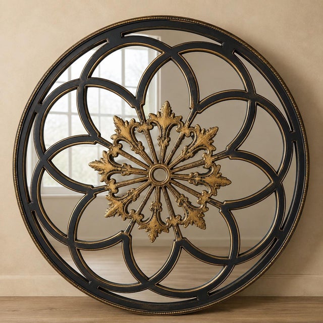 Gothic Large Onyx Black and Aged Gold Gothic Rosette Wall Mirror For Sale - Image 3 of 5