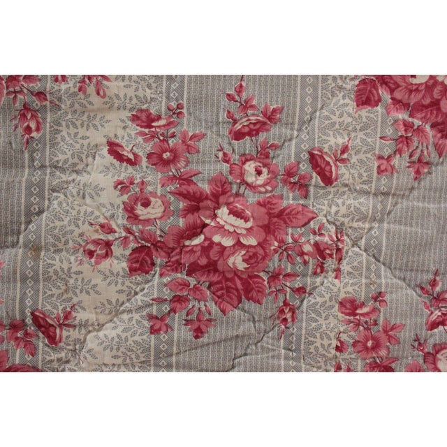 Antique 1850 French Floral Pink Gray Cotton Check Back Quilted Fabric